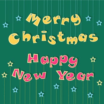 Merry Christmas. Happy New Year. Greeting card. Yellow and red cartoon artistic font with yellow and blue stars. Illustration