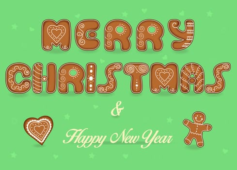 Festive Inscription with Gingerbread letters. Merry Christmas. Happy New Year. Heart and gingerbread man. Unusual artistic font with white decor.  Illustration.