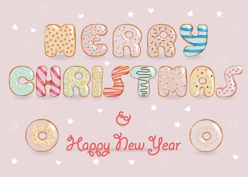 Festive Inscription with white chocolate donuts letters. Merry Christmas. Happy New Year. Unusual sweet artistic font.  Illustration.