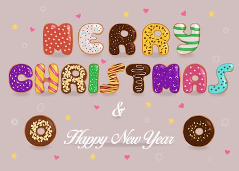 Festive Inscription with donuts letters. Merry Christmas. Happy New Year. Unusual sweet artistic font.  Illustration.