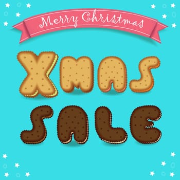 Xmas sale. Merry Christmas. Cookies font. Blue background with white stars. Red banner for custom text. Letters are as biscuits and chocolate cookies.  illustration
