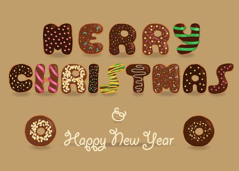 Festive Inscription with chocolate donuts letters. Merry Christmas. Happy New Year. Unusual sweet artistic font.  Illustration.