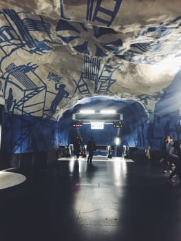 STOCKHOLM, SWEDEN - JUNE 10, 2017: T-Centralen tunnelbanestation Underground. Blue line, central station of the Subway