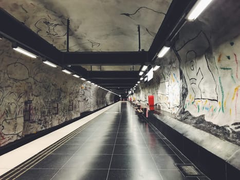 STOCKHOLM, SWEDEN - JUNE 10, 2017: Hallonbergen tunnelbanestation Underground. Station on blue line of the metro with kids paintings, doodles, characters