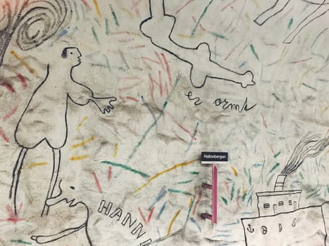 STOCKHOLM, SWEDEN - JUNE 10, 2017: Hallonbergen tunnelbanestation Underground. Station on blue line of the metro with kids paintings, doodles, characters