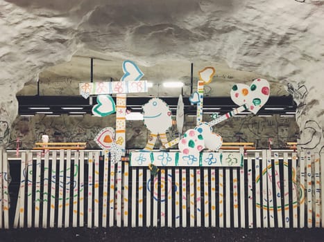 STOCKHOLM, SWEDEN - JUNE 10, 2017: Hallonbergen tunnelbanestation Underground. Station on blue line of the metro with kids paintings, doodles, characters