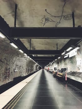 STOCKHOLM, SWEDEN - JUNE 10, 2017: Hallonbergen tunnelbanestation Underground. Station on blue line of the metro with kids paintings, doodles, characters