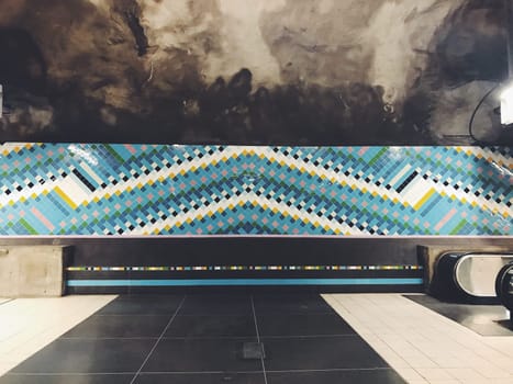 STOCKHOLM, SWEDEN - JUNE 10, 2017: Color Station with blue mosaic tunnelbane station Underground Subway