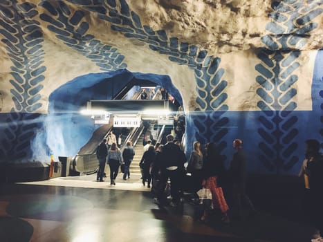 STOCKHOLM, SWEDEN - JUNE 10, 2017: T-Centralen tunnelbanestation Underground. Blue line, central station of the Subway