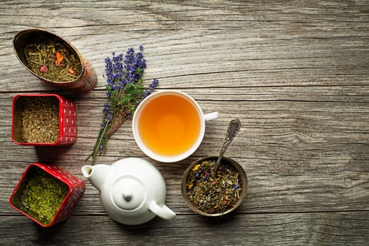 Cup of tea with dry tea collection of different types