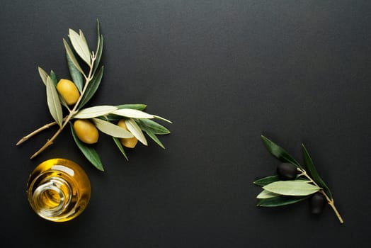 Olive oil and olive branch on black background
