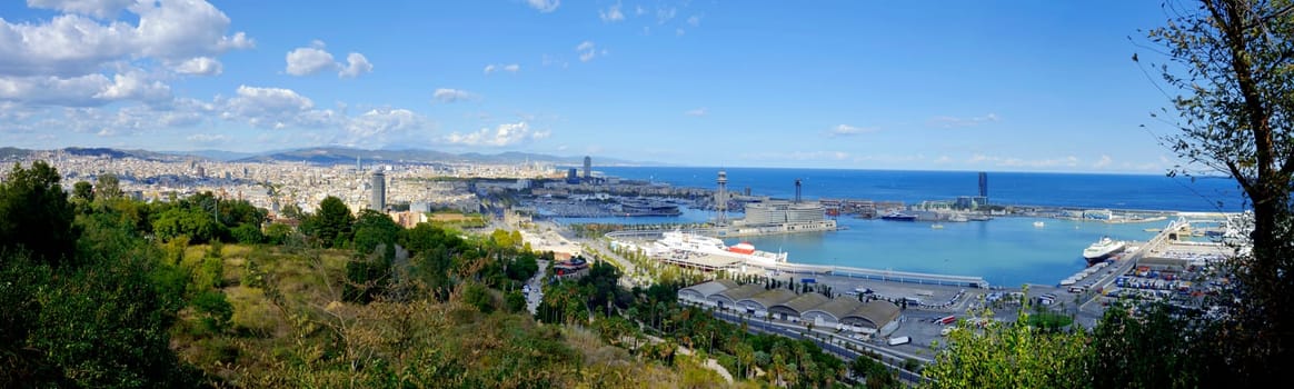Panorama view of seascape and port on Barcelona in Spain