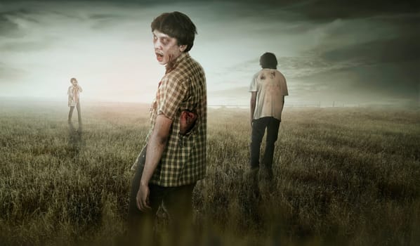 Group of asian scary zombies standing on dry grass field with dramatic sky background