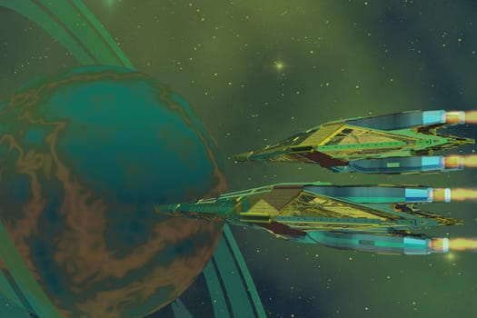 Two spacecraft fly back to their home planet after a space mission.