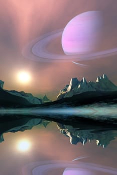 The planet Saturn lights up the sky of one of its moons called Titan.