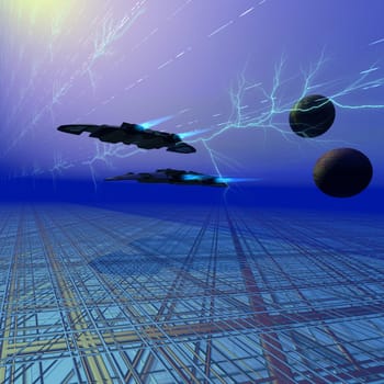 Two flying saucers fly along a grid system on their approach to landing.
