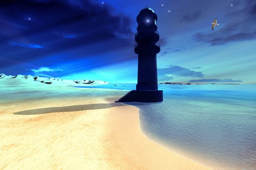 A seagull flies near a lighthouse as twilight comes on and the night stars come out.