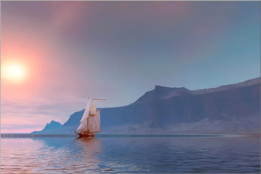 A clipper ship sails past a shoreline mountain on a calm day on the ocean.