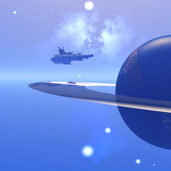 An alien battleship stays in orbit over a planet and its rings.