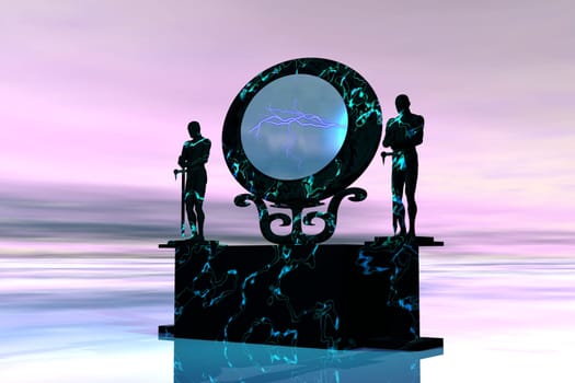 Two statues guard the portal entrance to another world.