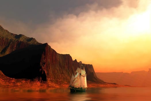 A clipper ship sails past a shoreline mountain on a calm day on the ocean.