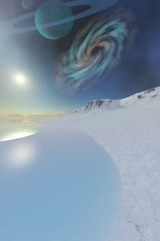 Ice and snow blankets an alien world with a ringed planet and its moon orbiting in the sky.