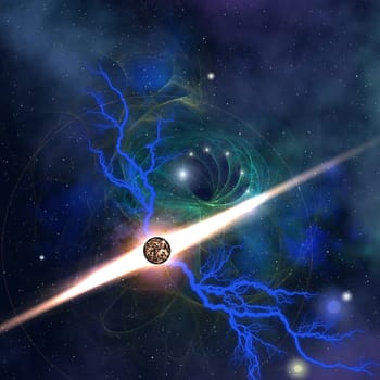 A large star throws out rays of light and beams of electric plasma.