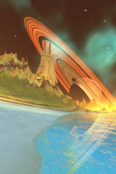 The close by planet of Saturn lights up the sky on one of its moons.