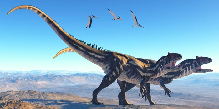 Two Allosaurus dinosaurs look for prey on a high mountain as Pterosaurs watch them.
