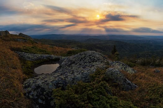 Beauty view on Sinyukha mountain, the highest mountain of Kolyvan ridge, in the Altai Territory of Russia