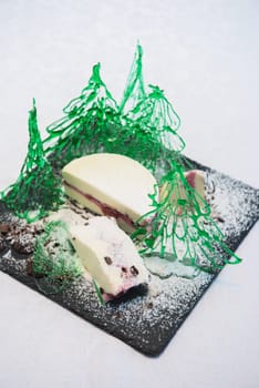 New year ice cream with caramel green christmas tree