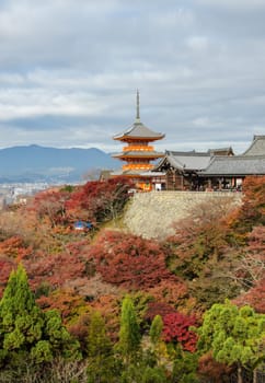 Beautiful autumn color view of Kiyomizu-dera Temple in Kyoto, Japan