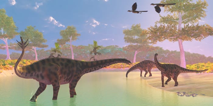 Two Archaeopteryx birds fly over a herd of Spinophorosaurus dinosaurs drinking at a river.