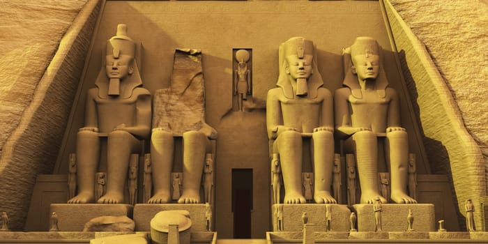 Temple of Abu Simbel are two massive rock formations where statues have been carved into the stone to honor Pharaoh Ramesses and Queen Nefertari.