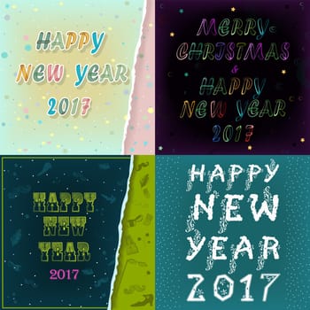 Greeting cards with texts Happy New Year 2017 and Merry Christmas. Artistic unusual fonts. Watercolor and drawing effects. Yellow vintage font. White delicate letters