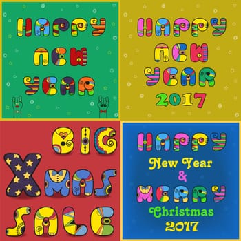 Vintage christmas and new year cards with texts by artistic font. Happy New Year. 2017. Merry Christmas. Big Xmas sale