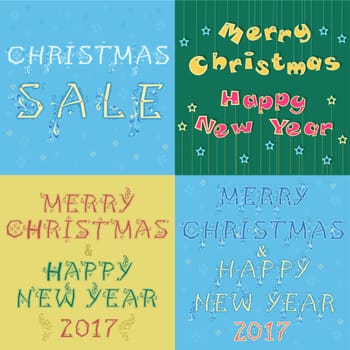 Christmas and New year cards with texts by artistic font. Merry Christmas. Happy New Year 2017. Christmas sale