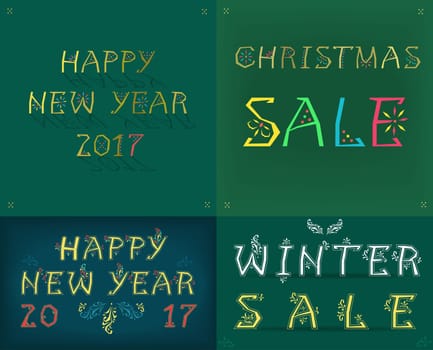 Christmas greeting vintage cards. Texts by artistic fonts - Happy New Year 20167. Christmas sale. Winter sale