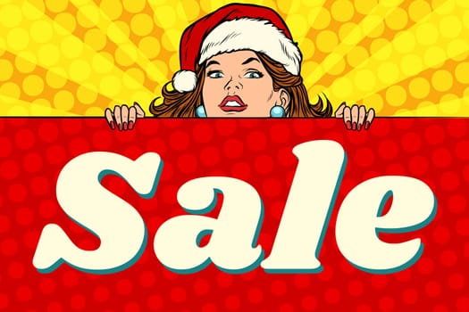 Santa girl with sale poster. Pop art retro vector Illustrator