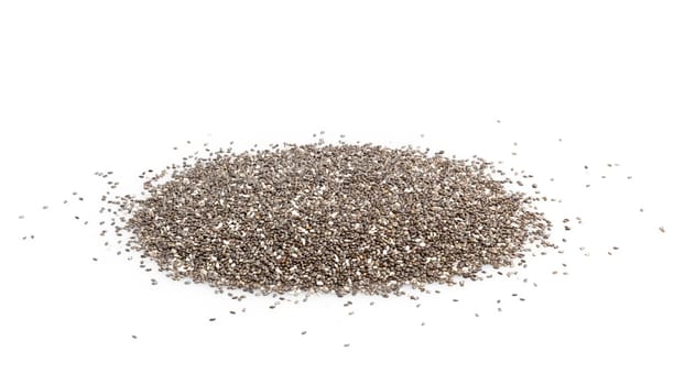 Pile of chia seeds close up on a white background