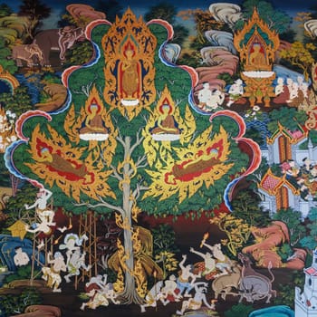 Ancient Buddhist temple mural painting of the life of Buddha in Ayutthaya, Thailand
