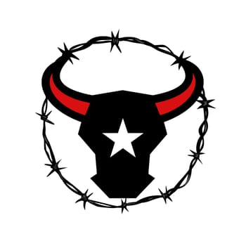 Icon style illustration of a Texas Longhorn bull with star on it's head set inside Barbed Wire circle on isolated background.