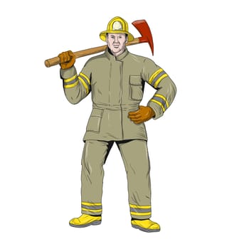 Drawing sketch style illustration of an American Firefighter fireman first responder holding Fire Axe on shoulder standing viewed from front on isolated background.