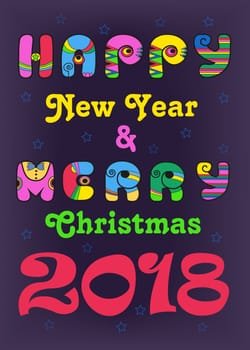 Merry Christmas and Happy New Year 2018. Artistic disco colorful font. Illustration