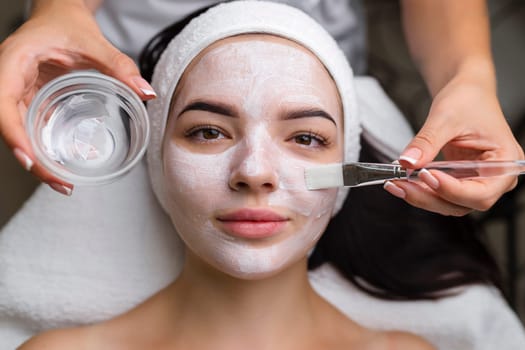 Close-up shot of a woman getting facial treatment with clay mask. Cosmetology and spa. High quality 4k footage