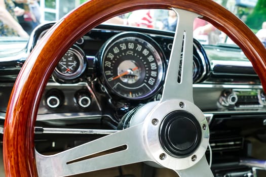 BAD NAUHEIM,GERMANY AUGUST 2017: Steering wheel of a restored convertible. 16 th European Elvis Festival in Bad Nauheim,Hesse
