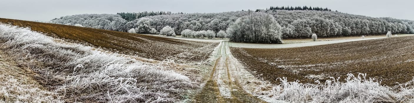 Beautiful panoramic picture of a landscape shot in winter in Central Hesse,Germany