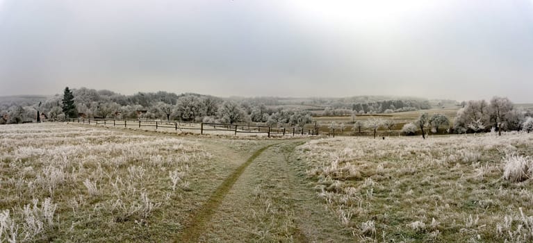 Beautiful panoramic picture of a landscape shot in winter in Central Hesse,Germany