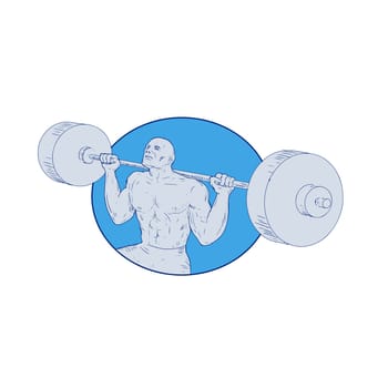 Drawing sketch style illustration of a Strongman weightlfter lifting Powerlifting Barbell set inside circle on isolated background.