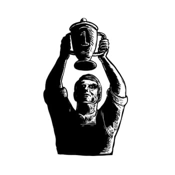 Scratchboard style illustration of a Champion Worker winning Lifting Championship trophy Cup viewed from front done on scraperboard on isolated background.
